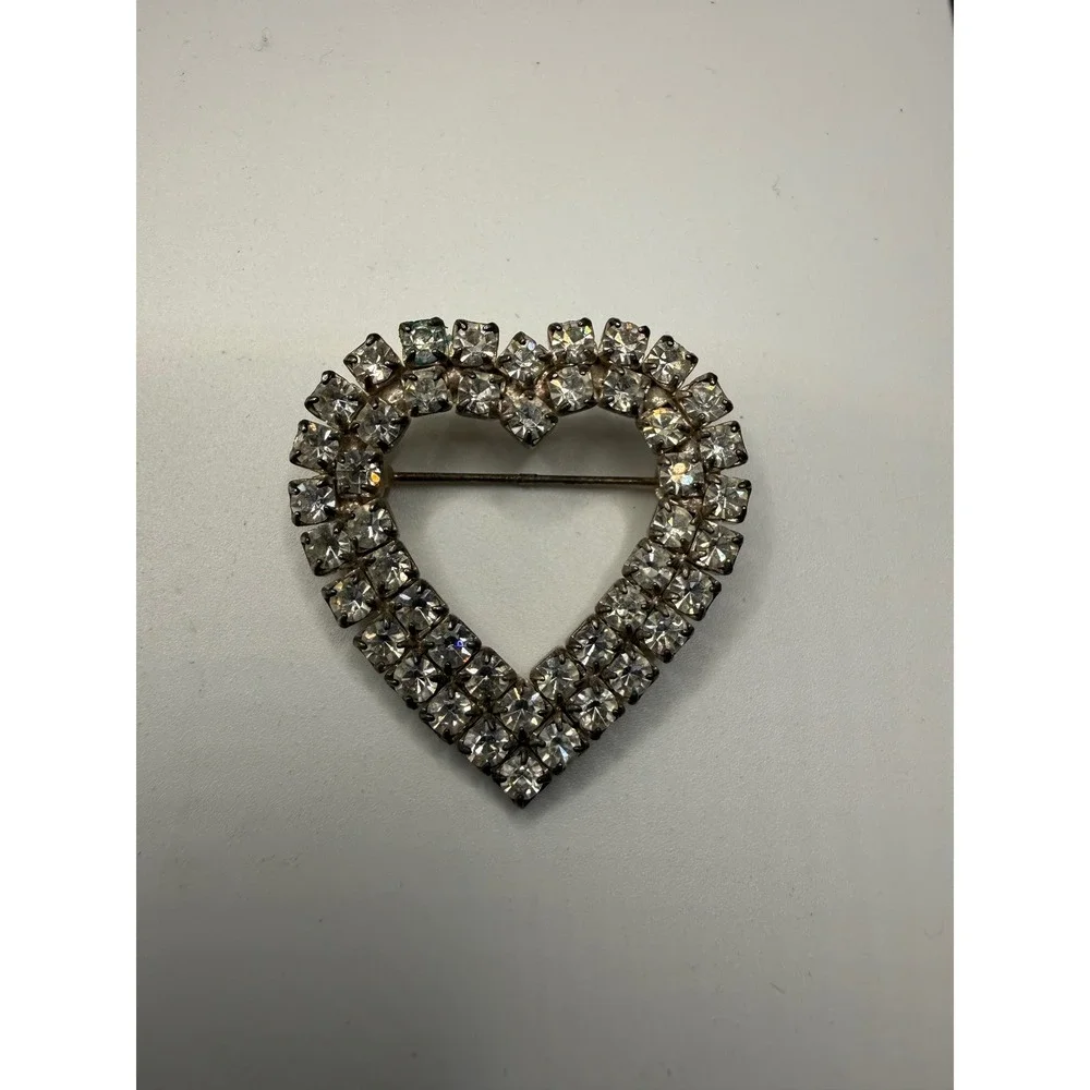 Vintage Clear Rhinestone Double Row Heart Brooch Silver Tone Romantic Pin
